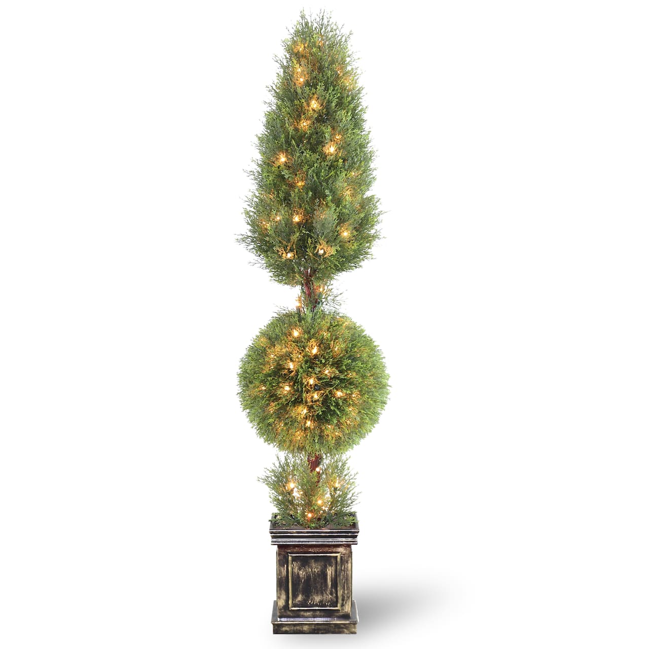 5ft. Pre-Lit Juniper Cone &#x26; Ball Topiary Tree with Black Square Pot, 150 Clear Lights